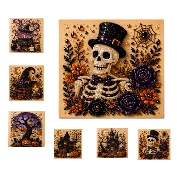Halloween Ghost Pearl Art DIY Kit, No-Glue Self-Adhesive Pearl Bead Craft Set, Multi-Pattern Halloween Canvas Art Supplies for Home Decor & Holiday Gift (Skeleton)