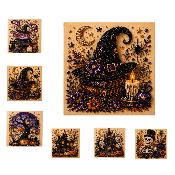 Halloween Ghost Pearl Art DIY Kit, No-Glue Self-Adhesive Pearl Bead Craft Set, Multi-Pattern Halloween Canvas Art Supplies for Home Decor & Holiday Gift (Witch Hat and Magic Book)