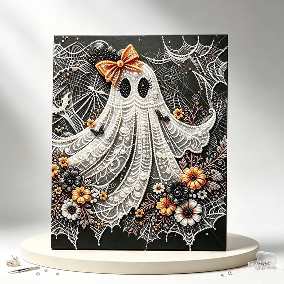 Halloween Ghost Pearl Art DIY Kit, Pearl Painting Kits, Pearls Diamond Art, Spooky-Cute Design, Fall Home Decor, Wall Art, Adults Craft Kit, 3D DIY Pearl Painting 11.8 ×15.7in Size