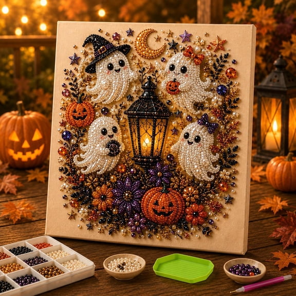 Halloween Ghost Pearl Art DIY Kit, Spooky Cute 3D Diamond Painting Crafts for Adults, DIY Fall Home Decor Wall Art, Beginner DIY Seasonal Party Gift (Ghost Glow)