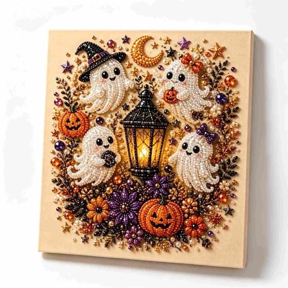 Halloween Ghost Pearl Art DIY Kit, Spooky Cute 3D Diamond Painting Crafts for Adults, DIY Fall Home Decor Wall Art, Beginner DIY Seasonal Party Gift, Spooky Cute Canvas Craft Home Decor