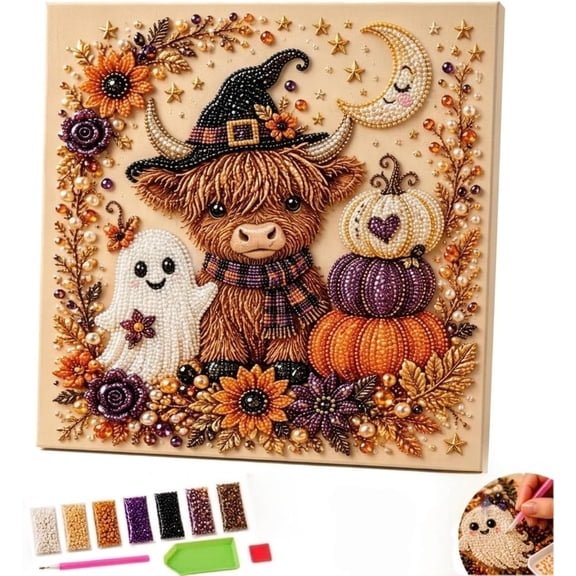 Halloween Ghost Pearl Art Kits, 7.87in 3D Diamond Painting Kit with Pumpkin & Ghost Design, DIY Pearl Diamond Art Craft Set, Fall Halloween Wall Decor, Beginner Craft Gift