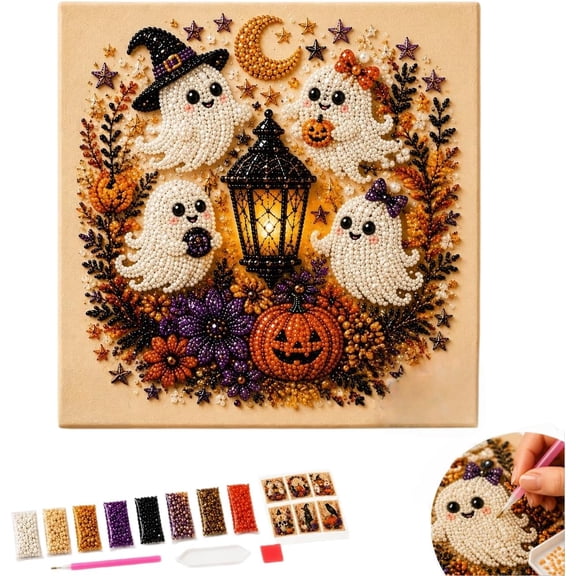Halloween Ghost Pearl Art Kits, 7.87in 3D Diamond Painting Kit with Pumpkin & Ghost Design, DIY Pearl Diamond Art Craft Set, Fall Halloween Wall Decor, Beginner Craft Gift