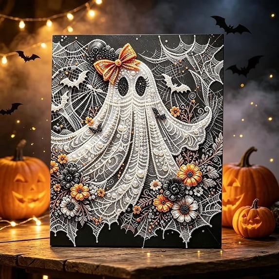 Halloween Ghost Pearl Diamond Art Kit,3D Crystal Bead Full Drill Design with Easy Beginner Friendly Craft,Perfect Fall Halloween Home Wall Art for Party Display Seasonal Gifts