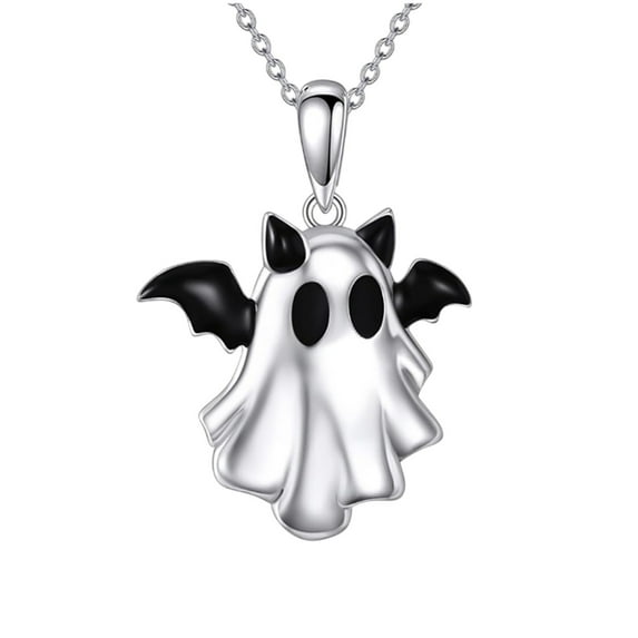 Halloween Ghost Pendant Necklace - Gothic Jewelry with Bat Wing Horns for Women - Spooky All Hallows' Eve Accessory, Gift for Halloween Enthusiasts