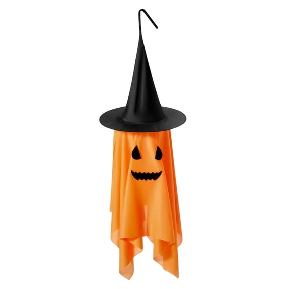 Halloween Ghost Pendant with Pumpkin Face - Soft Fabric Ghost with Black Witch Hat and Carved Smile for Indoor Outdoor Holiday Party Display,Orange