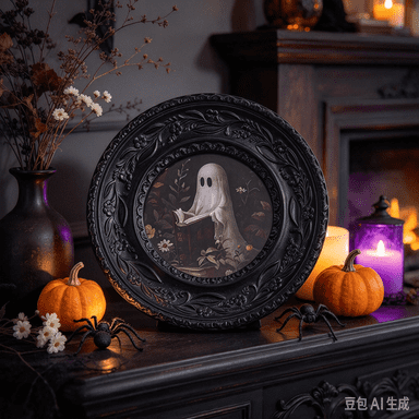 Halloween Ghost Photo Frame – Black Resin Embossed Tabletop Decor, Retro Spooky Picture Frame for Living Room, Handcrafted Holiday Gift