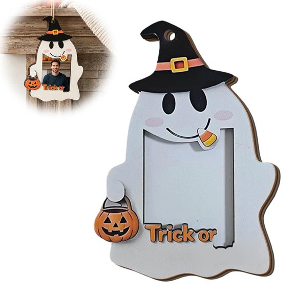 Halloween Ghost Picture Frame, Wooden Photo Holder with Hanging Rope for Wall Door Shelf Desk Mantel Decor