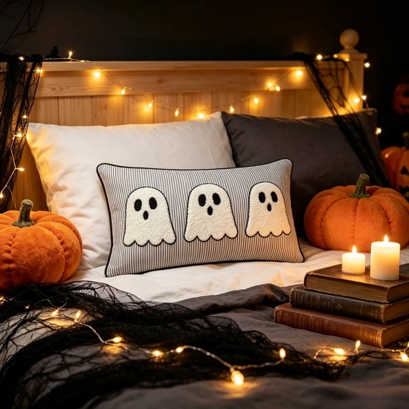 Halloween Ghost Pillow 8x16in White Ghost Decor Black Stripe, Halloween Decorations Indoor, Machine Washable