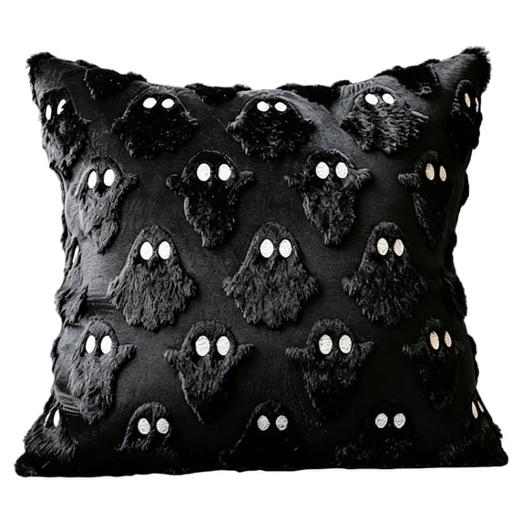 Halloween Ghost Pillow Cover, Black Faux Rabbit Fur, 1 Piece Decorative Throw Pillow Cover for Halloween Party Indoor Outdoor Sofa Couch Bedroom Living Room Holiday Decoration