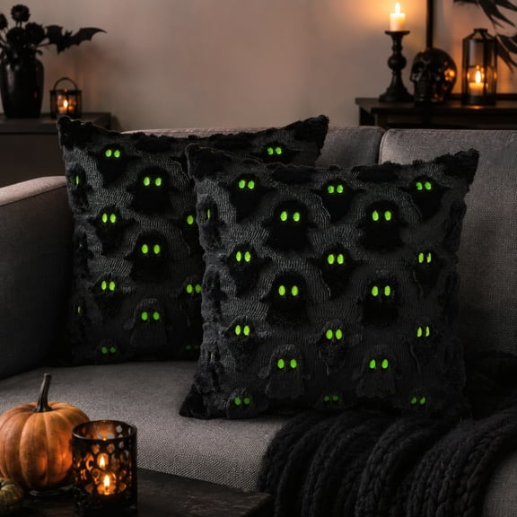 Halloween Ghost Pillow Covers 18x18, Set of 2, Black 3D Plush Polyester Throw Pillow Covers with Green Eyes