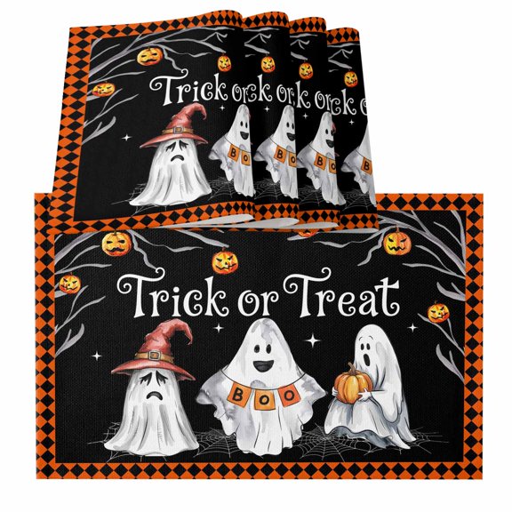 Halloween Ghost Placemats for Dinning Table Set of 4, Funny Spooky Pumpkin Orange Plaid Burlap Kitchen Place Mats Waterproof Cloth Table Mats, Indoor Outdoor Placemats Easy Clean Dinner Decor