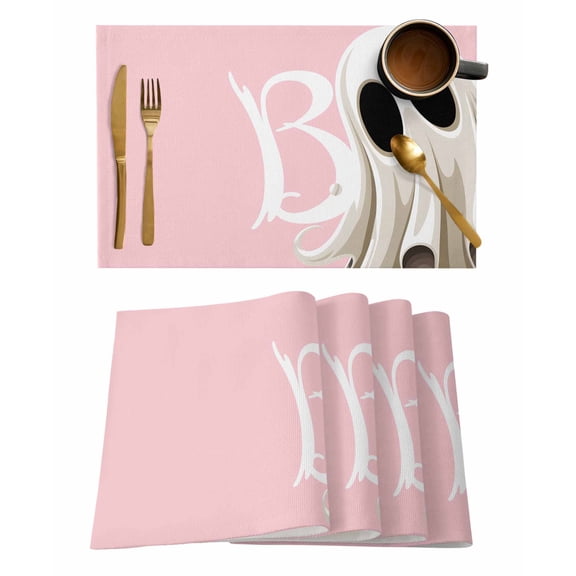 Halloween Ghost Placemats Set of 2 Boo Abstract Retro Pink Heat Insulation Washable Place Mats, Rustic Non-Slip Table Mats for Dining Table Party Kitchen Decor,13x19 Inch