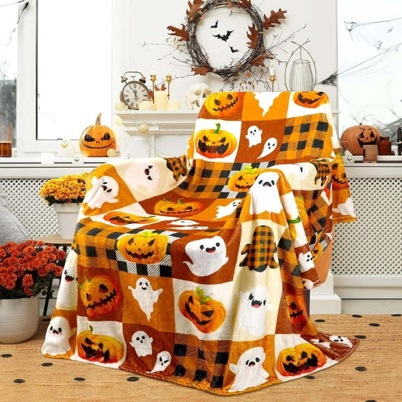 Halloween Ghost Plaid Pumpkin Throw Blanket for Couch or Bed, Soft Flannel Cozy Decor Cover, Washable Blanket for Bedroom Daily Use.