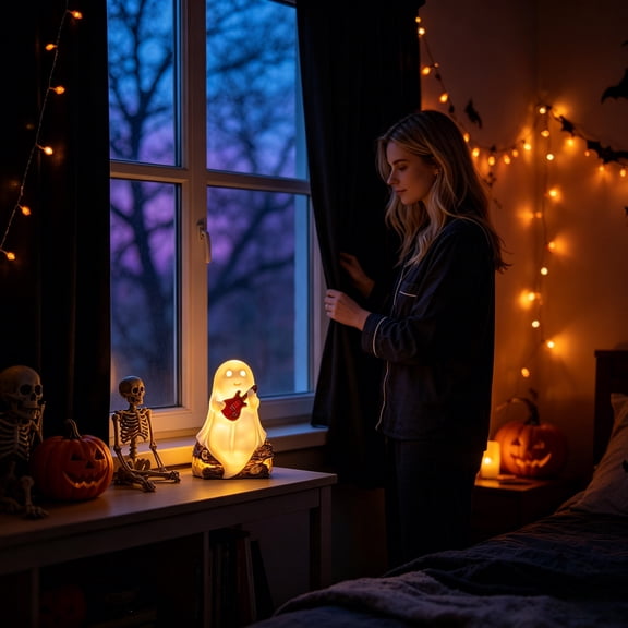 Halloween Ghost Playing Guitar Night Light - Resin Glowing Statue Lamp with Warm LED - Cute Tabletop Figurine on Stump Base for Bedroom Decor,