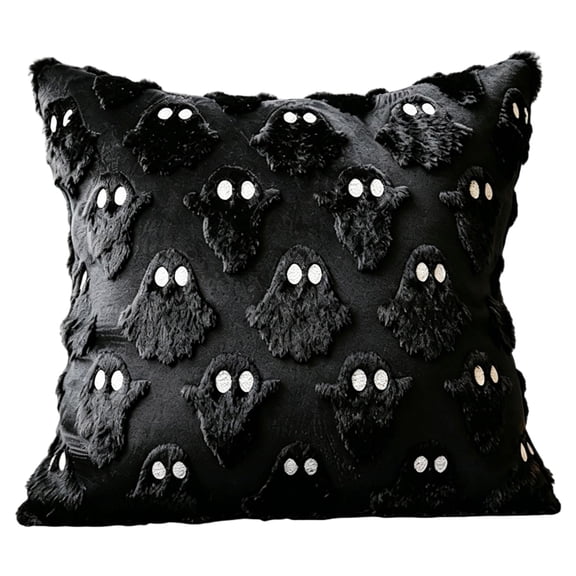 Halloween Ghost Plush Pillow Cover, 45 x 45cm Black Short Faux Fur Square Decorative Cushion Case, Spooky Cute Ghost Pattern Throw Pillow for Home Party Decoration