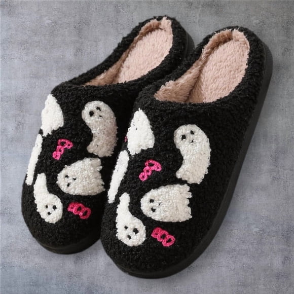 Halloween Ghost Plush Slippers | Soft Fuzzy Indoor Shoes | Cozy Cute House Slippers