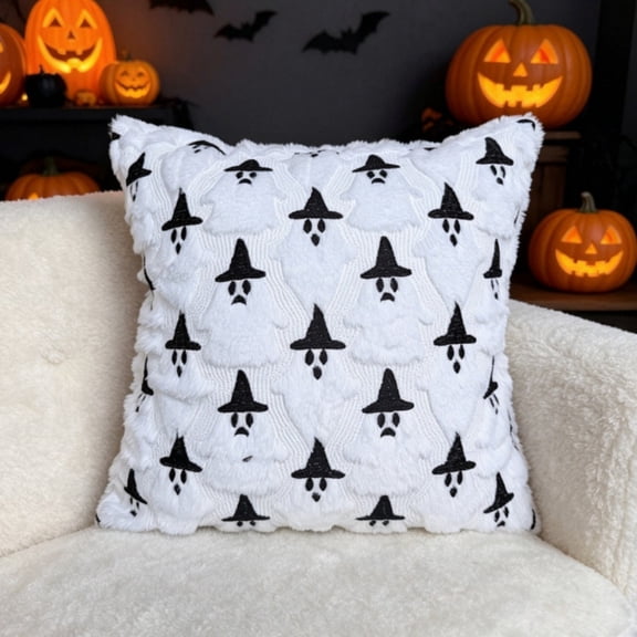 Halloween Ghost Plush Throw Pillow Covers 18x18 Inch Square Decorative Cushion Cases for Sofa Couch Bed, Soft Spooky Fall Home Decor for Living Room Holiday Party, 1Pack 1
