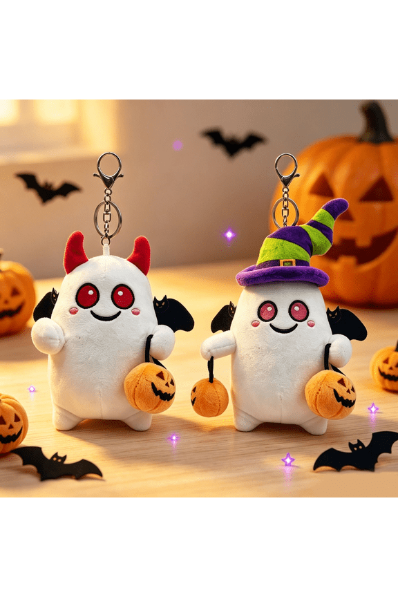 Halloween Ghost Plushies Keychain, Cute Devil Ghost Stuffed Pendant with Bat Wings & Pumpkin Bucket, Wizard Ghost Plush Doll, Spooky Decor Gift for Halloween Party A