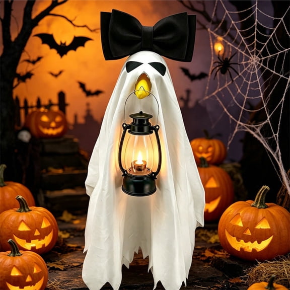 Halloween Ghost Porch Goose Outfit, Ghost Cloak, Bow Headpiece, Mini LED Lantern for Yard Patio Statue Decor