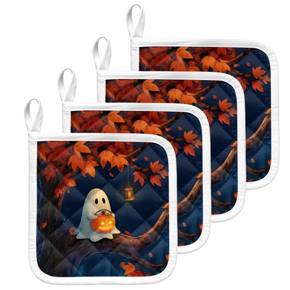 Halloween Ghost Pot Holders for Kitchen Heatproof Potholder, 4 Pack Horror Pumpkin Light Maple Leaves Tree Hot Pads Multipurpose Oven Pads Terry Cloth Potholders Trivet for Cooking and Baking