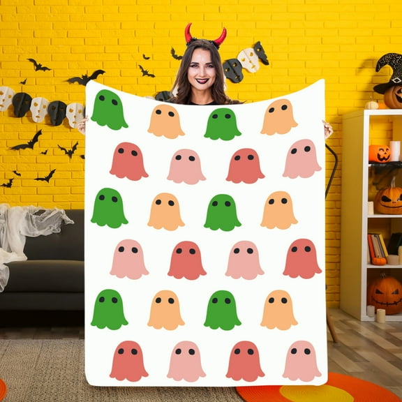 Halloween Ghost Print Flannel Blanket - Soft Double-Sided Throw for Adults & Kids (50x60 Inches)