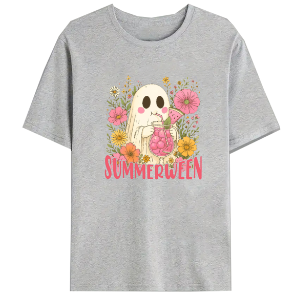 Halloween Ghost Print T-shirts Retro Summer Funny Boo/Spooky Graphic Tees Short Sleeve Casual Tops for Daily Outfits Cotton Shirts Gray,M