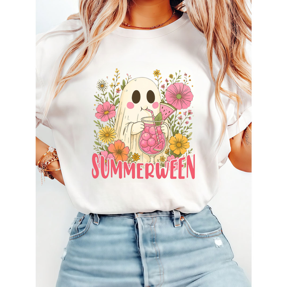 Halloween Ghost Print T-shirts Retro Summer Funny Boo/Spooky Graphic Tees Short Sleeve Casual Tops for Daily Outfits Cotton Shirts White,M