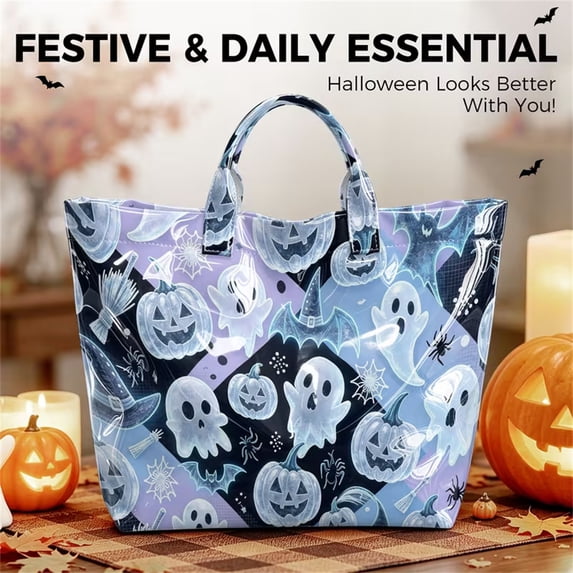 Halloween Ghost Print Tote Bag, Reusable Large Capacity Handbag, Versatile Bag for Holiday Party Shopping Daily Use
