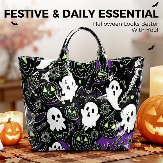 Halloween Ghost Print Tote Bag, Reusable Large Capacity Handbag, Versatile Bag for Holiday Party Shopping Daily Use