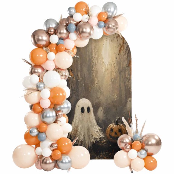 Halloween Ghost Pumpkin Arch Backdrop Cover 6Ft, Wedding Arch Covers Stretchy Backdrop, Forest Autumn Trees Abstract Fitted 2 Sided Arched Photo Background for Birthday Party Decorations
