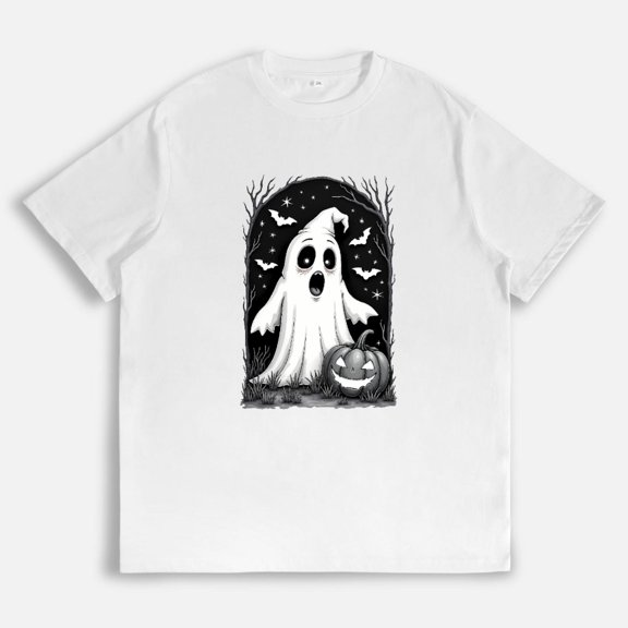Halloween Ghost Pumpkin Bat Design T Shirt Vintage Spooky Graphic Tees Soft Cotton Tops Fit White S-5XL