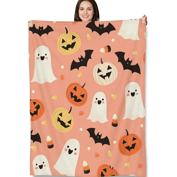 Halloween Ghost and Pumpkin Blanket, Spooky and Cute Fleece Throw with Bats, Candy Corn, and Jack-o''-Lanterns, Soft Cozy Lightweight Blanket for Halloween Decor and Gifts, 40x50 in