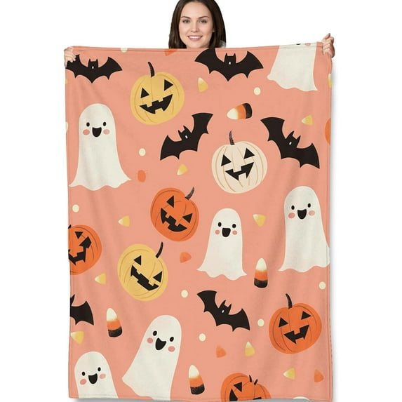 Halloween Ghost and Pumpkin Blanket, Spooky and Cute Fleece Throw with Bats, Candy Corn, and Jack-o''-Lanterns, Soft Cozy Lightweight Blanket for Halloween Decor and Gifts, 50x60 in