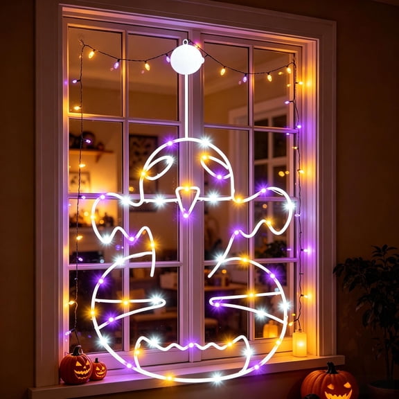Halloween Ghost Pumpkin Combo Window Hanging Light, LED Wire Frame Spooky Ghost Sign Light, Battery Operated Wall Hanging Lamp for Front Door Window Mantel Indoor Outdoor Halloween Party Home Decor