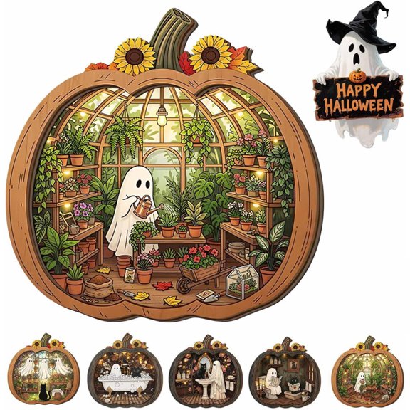 Halloween Ghost Pumpkin Decor, 7.87 Inch 3D Wooden Light Up Lantern, Cozy Tabletop Shadow Box for Book Lover(A)