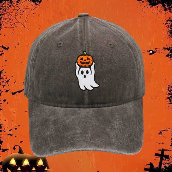 Halloween Ghost and Pumpkin Embroidered Baseball Cap - Unisex Vintage Washed Dad Hat with Adjustable Strap, Perfect for Halloween Parties, Daily Wear & Outdoor Activities-Coffee
