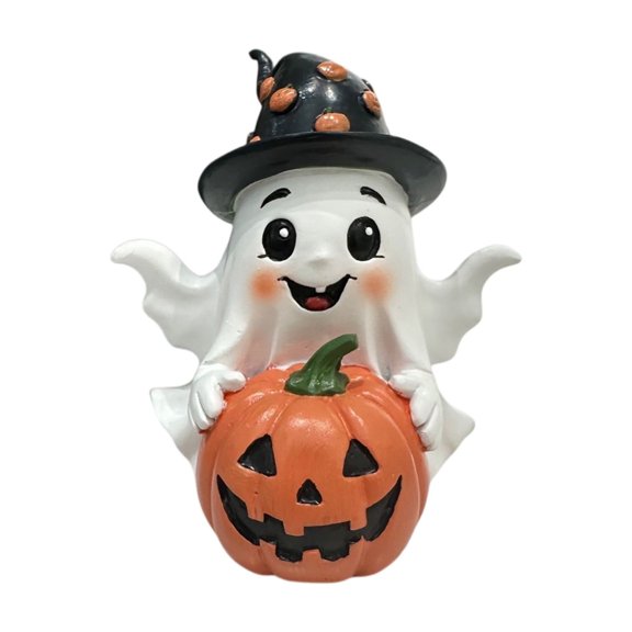 Halloween Ghost Pumpkin Figurine with Spooky Cute White Ghost Holding Jack-O’-Lantern Pumpkin, Halloween Tabletop Decoration, Party Decor, Haunted House Ornament for Indoor Seasonal Display