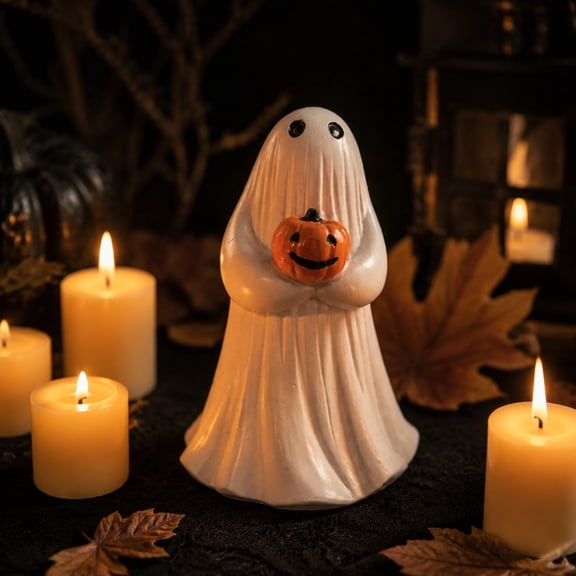 Halloween Ghost Pumpkin Figurine, White Resin Hand-Painted Desktop Ornament for Home Decor, Bookshelf Display and Party Decoration, 3 Inch Miniature Indoor Decoration for Halloween and Fall Season