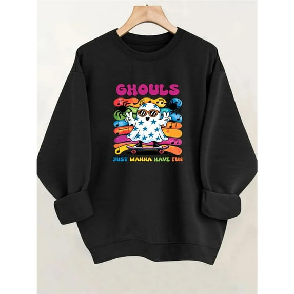 Halloween Ghost Pumpkin Graphic Sweatshirt Top Breathable Round-neck long-sleeved Top Black S-3XL