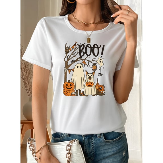 Halloween Ghost Pumpkin Graphic T-Shirt for Women, Cotton Short Sleeve Crew Neck