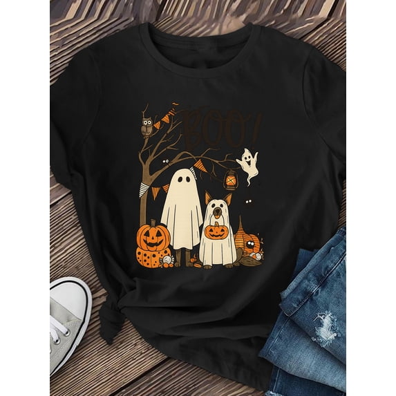 Halloween Ghost Pumpkin Graphic T-Shirt for Women, Cotton Short Sleeve Crew Neck