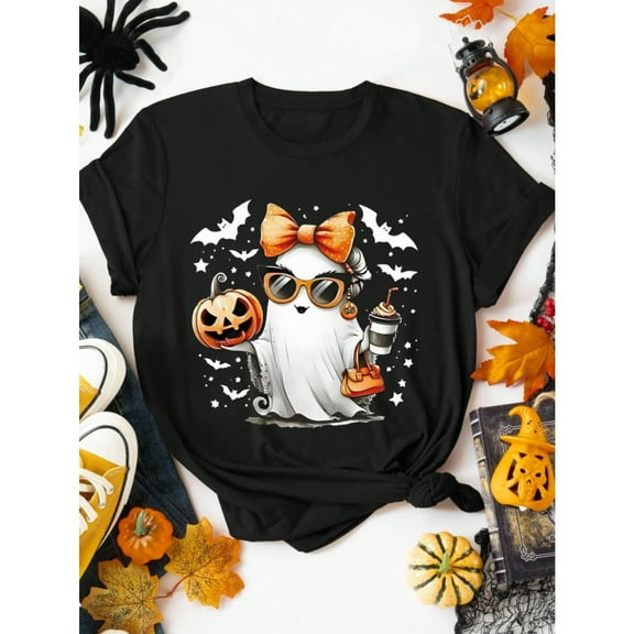 Halloween Ghost Pumpkin Graphic Tee, Print，Spooky Cute T-Shirt for Women，Round neck，Fashion，cotton，black，S-5XL