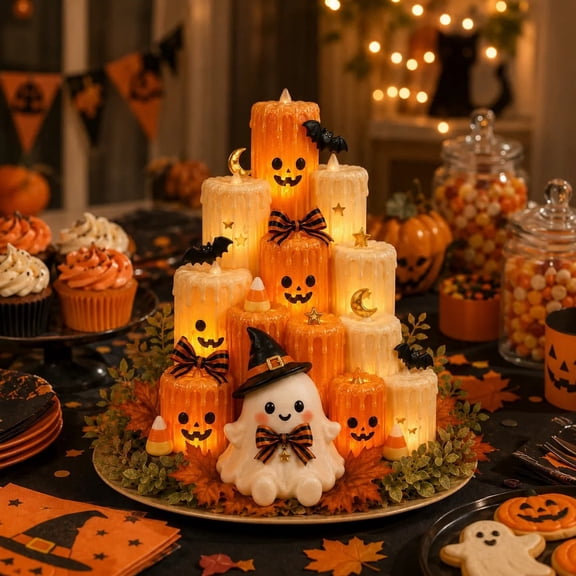 Halloween Ghost Pumpkin LED Candle, 3D Printed Battery Operated, Cute Multi-Layer Tabletop Decor for Spooky Party