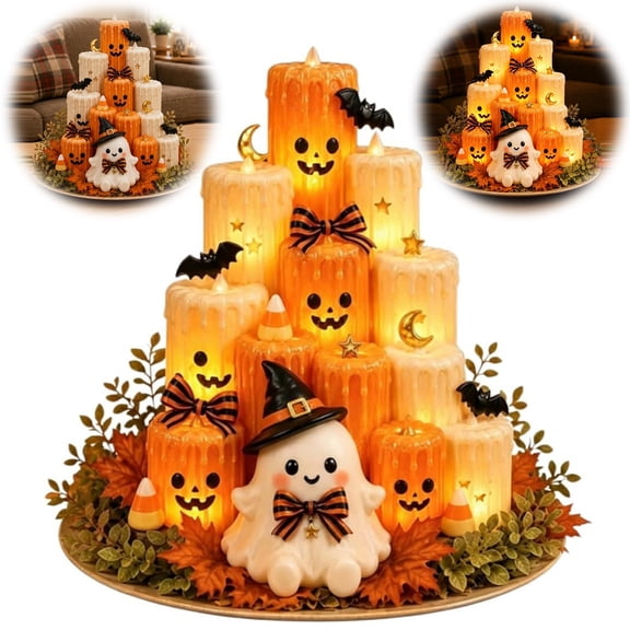 Halloween Ghost Pumpkin LED Candle, Halloween Tabletop Decor with Flickering Warm Light