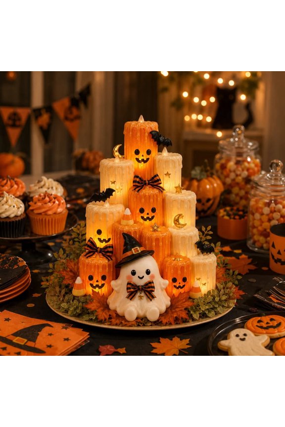 Halloween Ghost Pumpkin LED Candle Light, Multi Layer Tabletop Decoration with Flickering Warm Glow and Battery Powered Design, Festive Centerpiece for Party Table Mantel Home Decor
