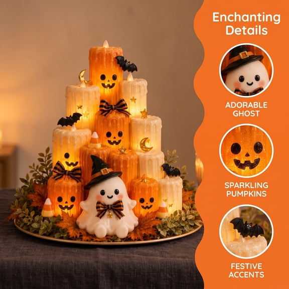 Halloween Ghost Pumpkin LED Candle Tabletop Decor Flickering LED Flameless Tiered Pumpkin Candle Tower with Cute Ghost Witch Statue Autumn Harvest Tabletop Centerpiece for Dining Room Decor