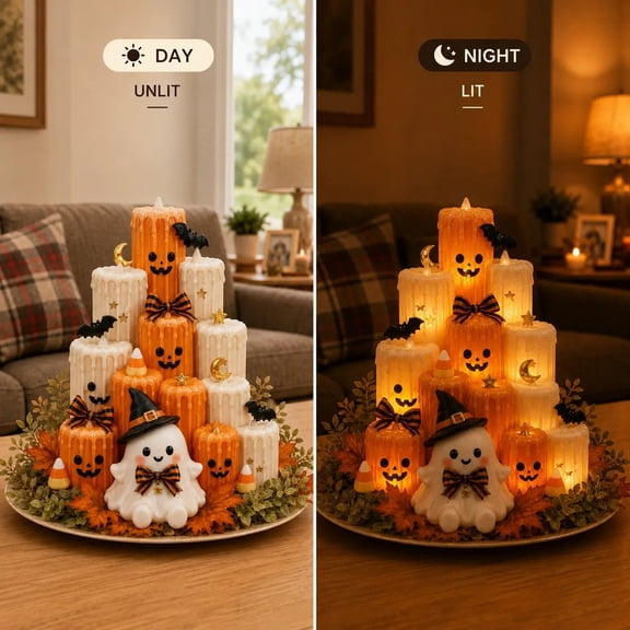 Halloween Ghost Pumpkin LED Candle Tabletop Decor, Flickering LED Flameless Tiered Pumpkin Candle Tower with Cute Ghost Witch Statue, Autumn Harvest Tabletop Centerpiece for Dining Room Decor