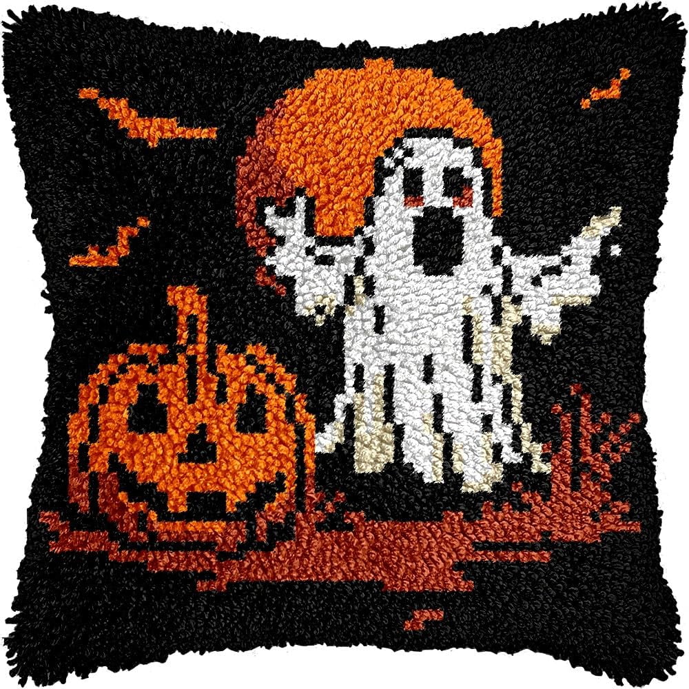 Halloween Ghost & Pumpkin Latch Hook Kits Pillow kits Cushion Throw Pillow Embroidery Craft Kits DIY Kits of DIY Hooking Pillowcase Cover Supplier with Color Printed Canvas 43x43cm (210)