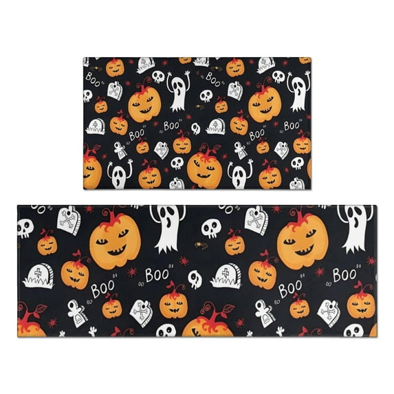 Halloween Ghost Pumpkin Medley Pattern Kitchen Rugs Sets Of 2,Anti Fatigue Kitchen Mat Rugs Non Slip Washable,Decorative Kitchen Floor Mats for Kitchen,Sink,Laundry,17"x30"+17"x47"